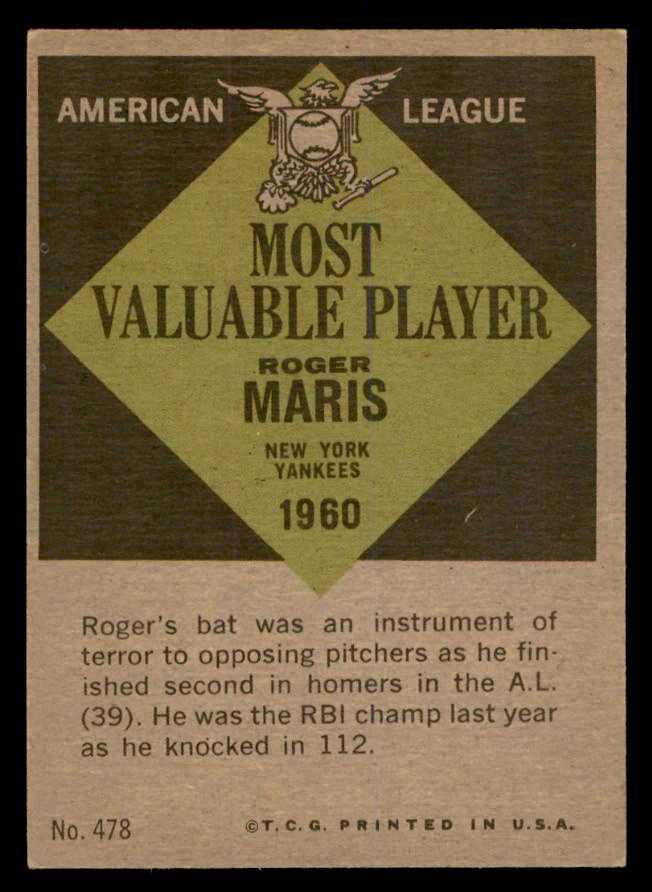 1961 Topps Baseball #478 Roger Maris MVP Yankees EX+/EX-MT 539380
