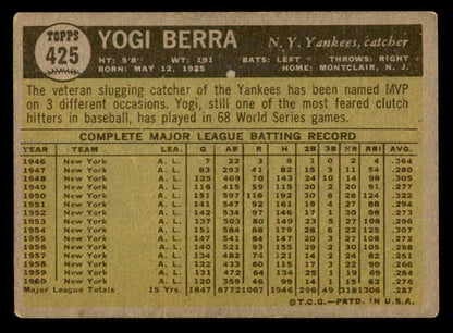 1961 Topps Baseball #425 Yogi Berra Yankees VG-EX 539414
