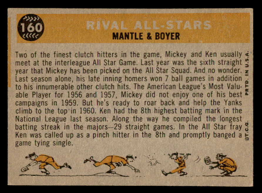 1960 Topps Baseball #160 Mickey Mantle Ken Boyer EX-MT 539423