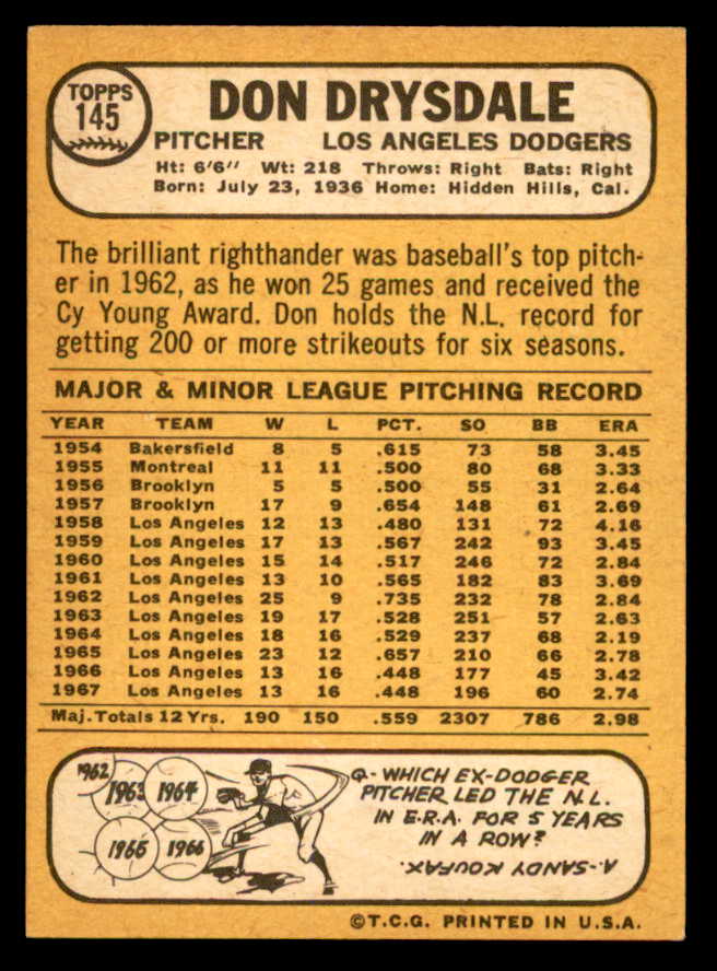 1968 Topps Baseball #145 Don Drysdale Dodgers NR-MT 539476