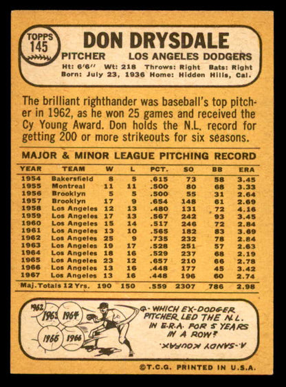 1968 Topps Baseball #145 Don Drysdale Dodgers NR-MT 539476