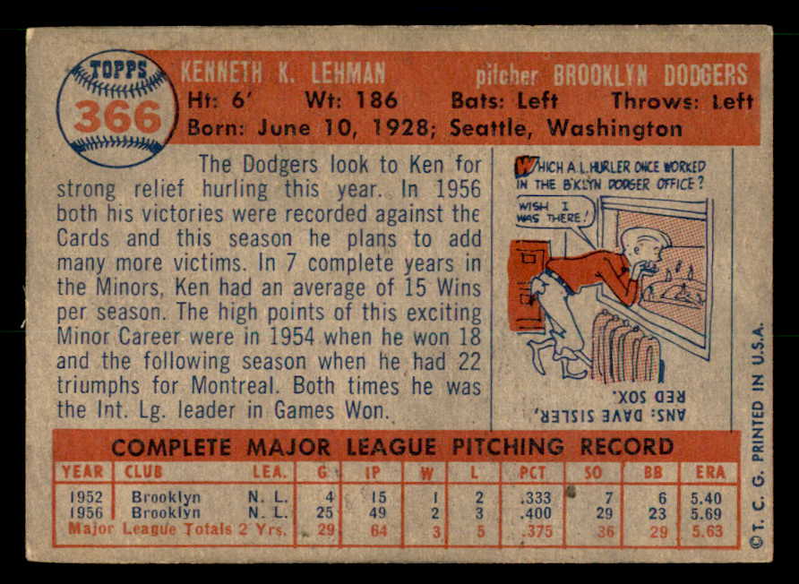 1957 Topps Baseball #366 Ken Lehman Dodgers EX-MT 539505