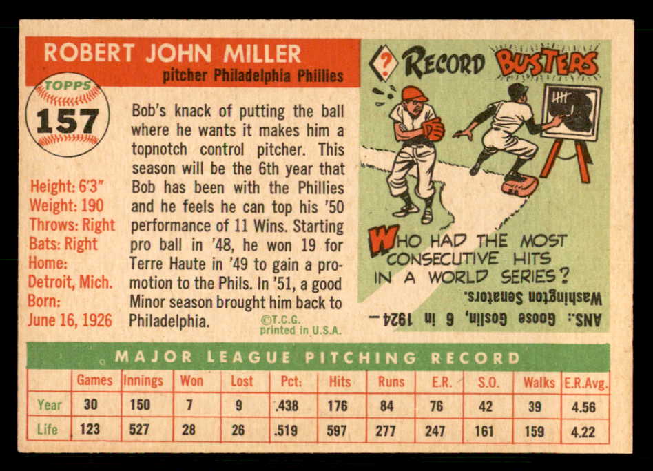 1955 Topps Baseball #157 Bob Miller Phillies EX-MT 539528