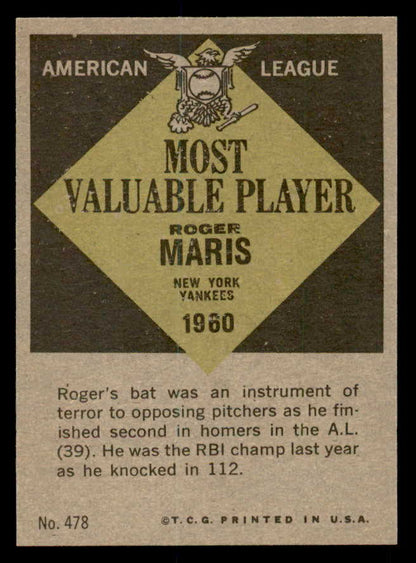 1961 Topps Baseball #478 Roger Maris MVP Yankees NR-MT 539576