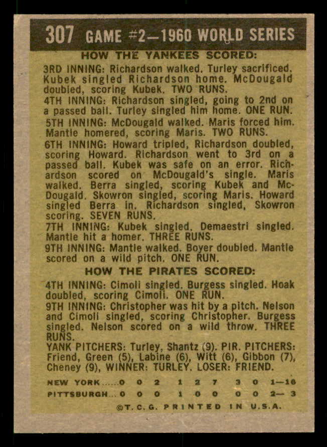 1961 Topps Baseball #307 World Series Game 2 Mickey Mantle EX-MT 539590
