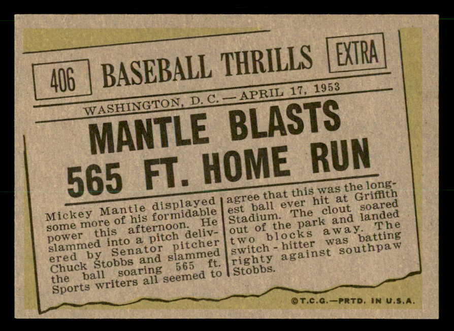 1961 Topps Baseball #406 Mickey Mantle IA Yankees EX-MT 539594
