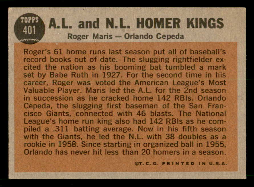 1962 Topps Baseball #401 Roger Maris Orlando Cepeda EX-MT 539624