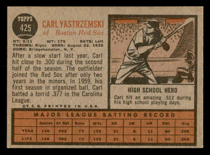 1962 Topps Baseball #425 Carl Yastrzemski Red Sox EX-MT 539640