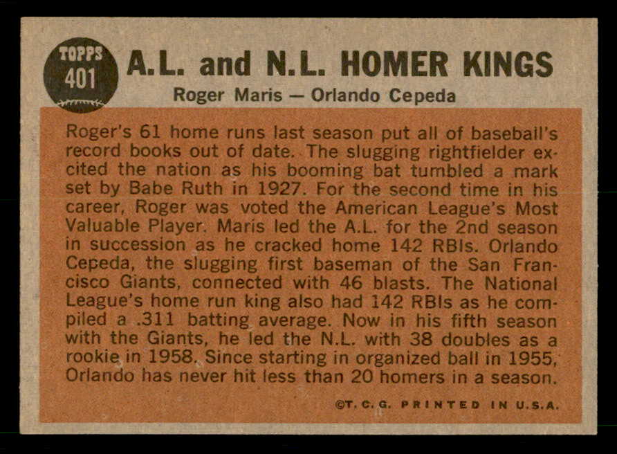 1962 Topps Baseball #401 Roger Maris Orlando Cepeda EX-MT 539645
