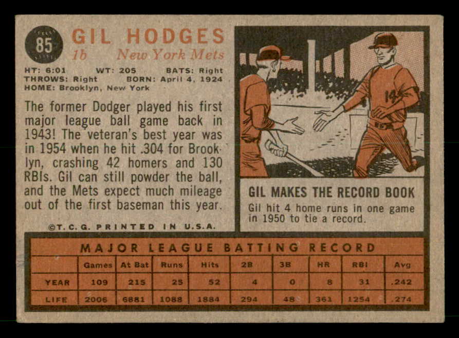 1962 Topps Baseball #085 Gil Hodges Mets EX-MT 539662