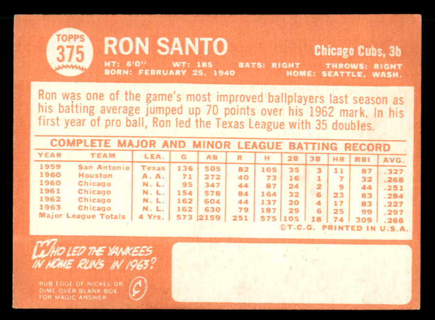 1964 Topps Baseball #375 Ron Santo Cubs EX-MT 539711