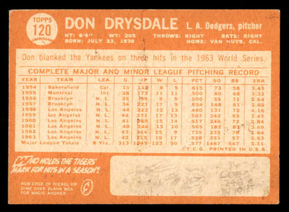 1964 Topps Baseball #120 Don Drysdale Dodgers NR-MT 539719