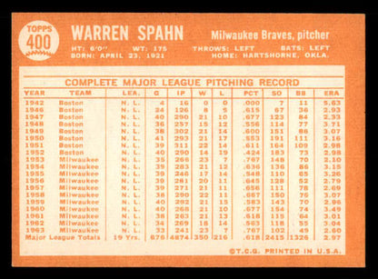 1964 Topps Baseball #400 Warren Spahn Braves NR-MT 539722