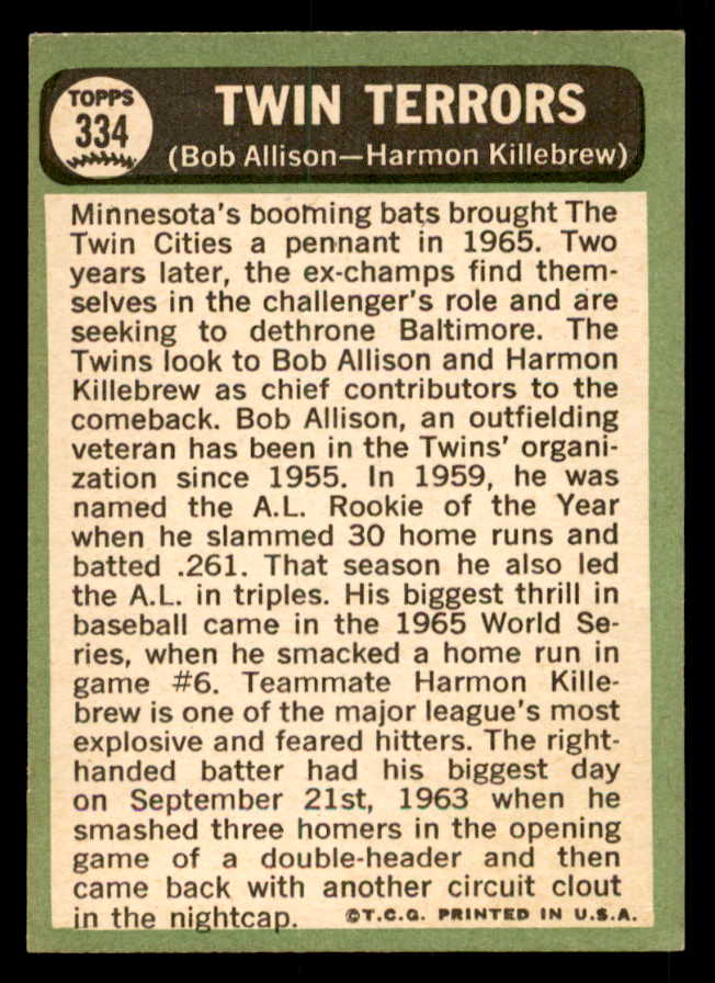 1967 Topps Baseball #334 Harmon Killebrew Bob Allison EX-MT 539799