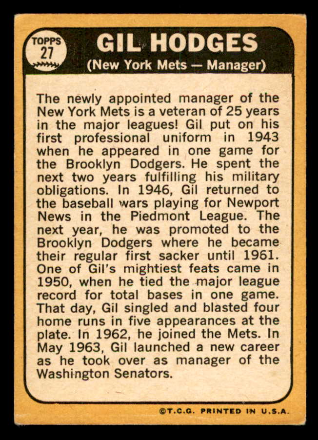 1968 Topps Baseball #027 Gil Hodges Mets VG-EX 539844