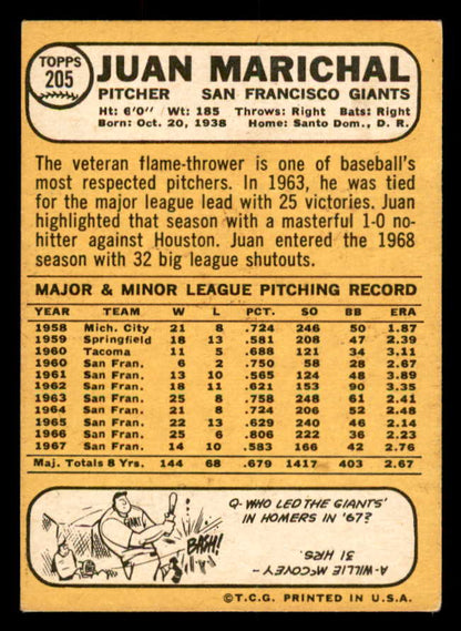 1968 Topps Baseball #205 Juan Marichal Giants VG-EX 539850