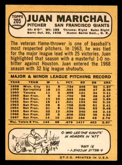 1968 Topps Baseball #205 Juan Marichal Giants VG-EX 539851