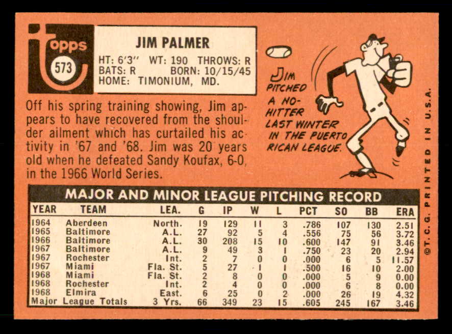 1969 Topps Baseball #573 Jim Palmer Orioles EX-MT 539865