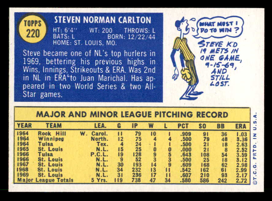 1970 Topps Baseball #220 Steve Carlton Cardinals EX-MT 539931