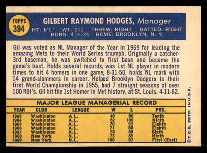 1970 Topps Baseball #394 Gil Hodges Mets VG-EX 539946