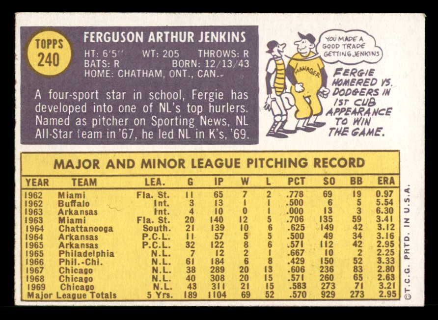 1970 Topps Baseball #240 Fergie Jenkins Cubs EX-MT 539964