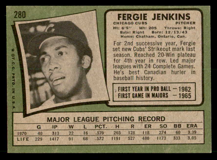 1971 Topps Baseball #280 Fergie Jenkins Cubs EX-MT 539998