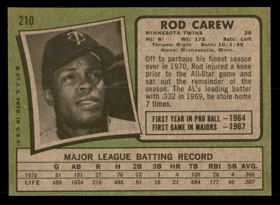 1971 Topps Baseball #210 Rod Carew Twins EX-MT 540005