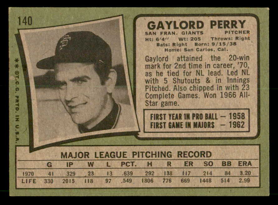 1971 Topps Baseball #140 Gaylord Perry Giants EX-MT 540010