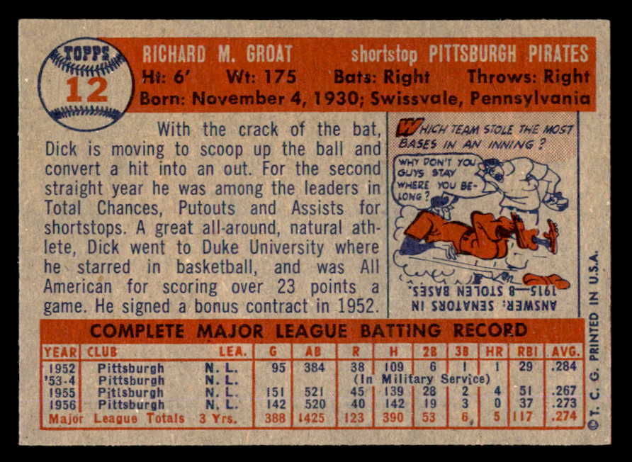 1957 Topps Baseball #012 Dick Groat Pirates EX-MT 540021