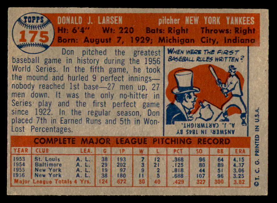 1957 Topps Baseball #175 Don Larsen Yankees EX+/EX-MT 540023