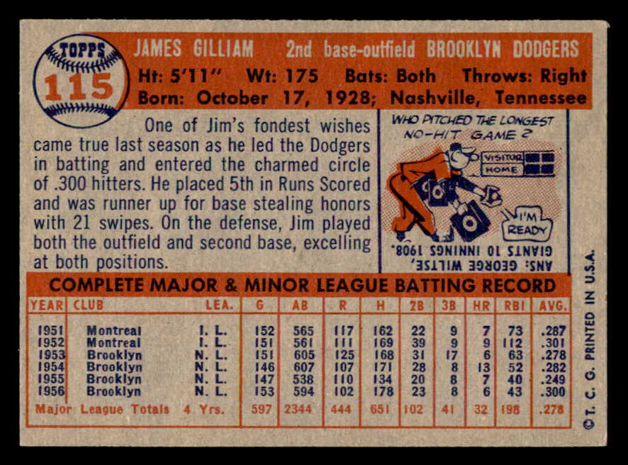 1957 Topps Baseball #115 Jim Gilliam Dodgers EX-MT 540025