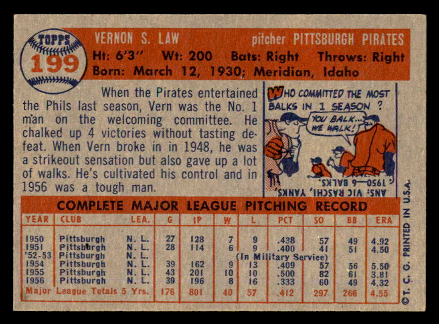 1957 Topps Baseball #199 Vern Law Pirates NR-MT 540027