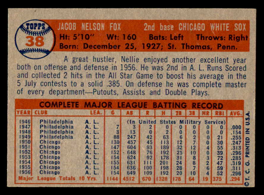 1957 Topps Baseball #038 Nellie Fox White Sox EX-MT 540069