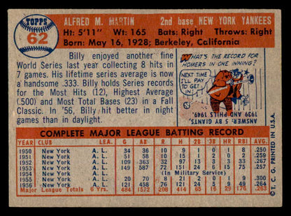 1957 Topps Baseball #062 Billy Martin Yankees EX 540074
