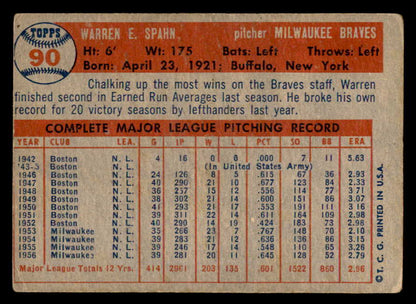 1957 Topps Baseball #090 Warren Spahn Braves VG 540102