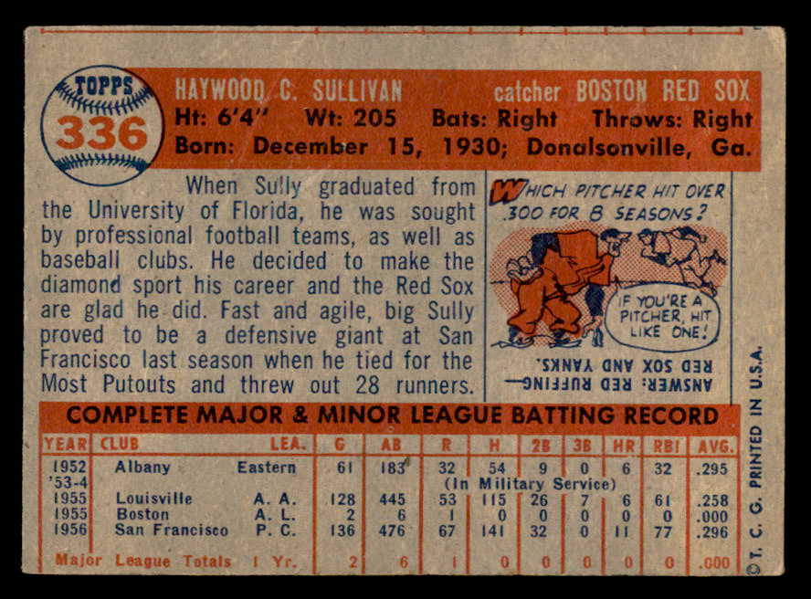 1957 Topps Baseball #336 Haywood Sullivan Red Sox VG-EX/EX 540114