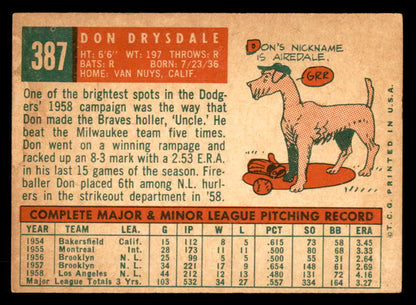 1959 Topps Baseball #387 Don Drysdale Dodgers FR-GD 540188