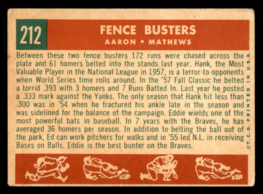 1959 Topps Baseball #212 Hank Aaron Eddie Mathews VG 540194