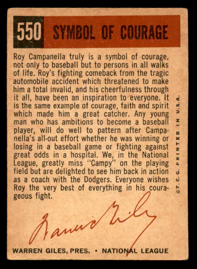 1959 Topps Baseball #550 Roy Campanella Dodgers VG 540201