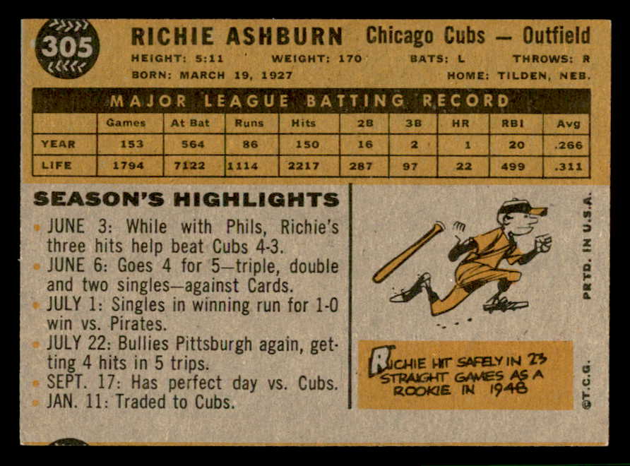 1960 Topps Baseball #305 Richie Ashburn Cubs EX-MT 540227