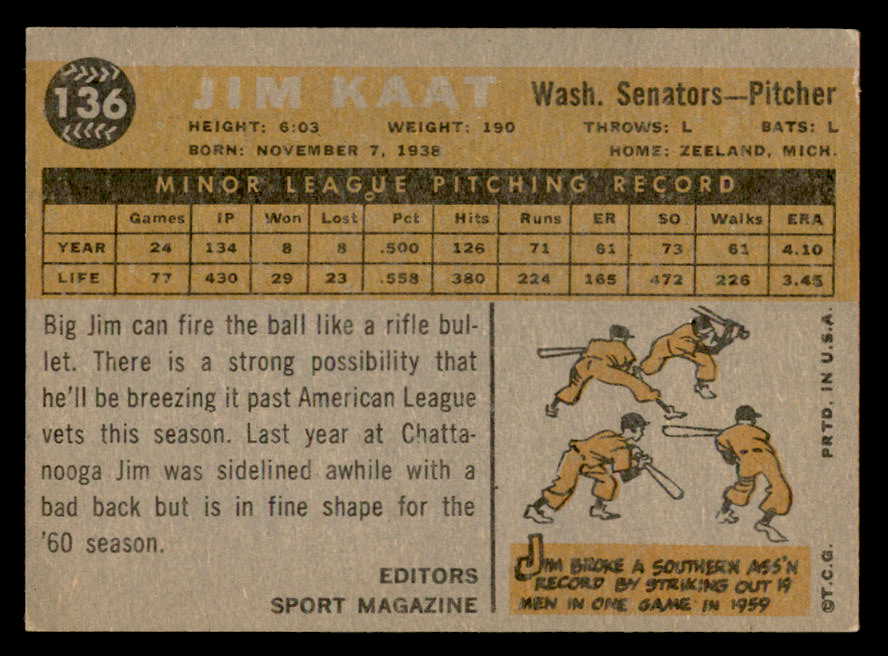 1960 Topps Baseball #136 Jim Kaat Senators EX-MT 540244