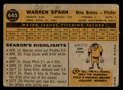 1960 Topps Baseball #445 Warren Spahn Braves FR-GD 540251