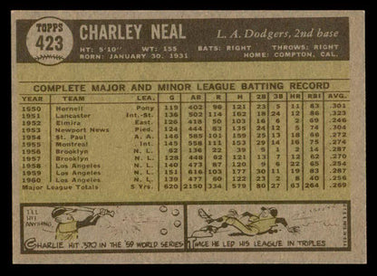 1961 Topps Baseball #423 Charlie Neal Dodgers EX-MT 540290