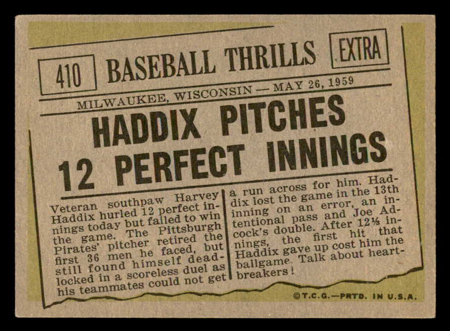 1961 Topps Baseball #410 Harvey Haddix IA Pirates EX 540310