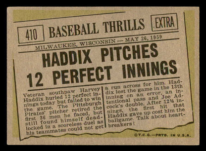 1961 Topps Baseball #410 Harvey Haddix IA Pirates EX 540310