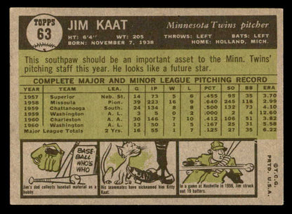 1961 Topps Baseball #063 Jim Kaat Twins EX-MT 540312