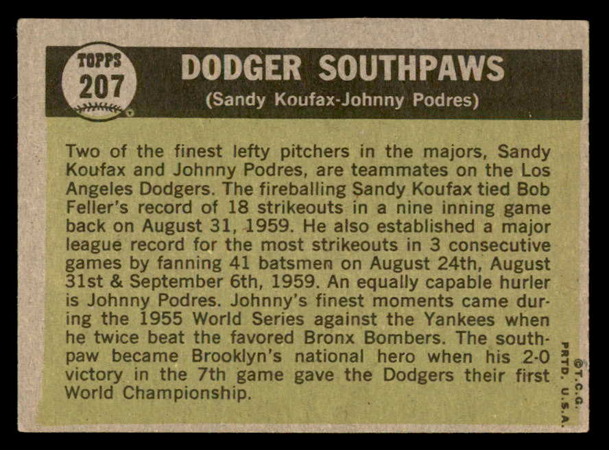 1961 Topps Baseball #207 Sandy Koufax Johnny Podres EX 540319