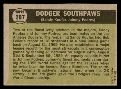 1961 Topps Baseball #207 Sandy Koufax Johnny Podres EX 540319