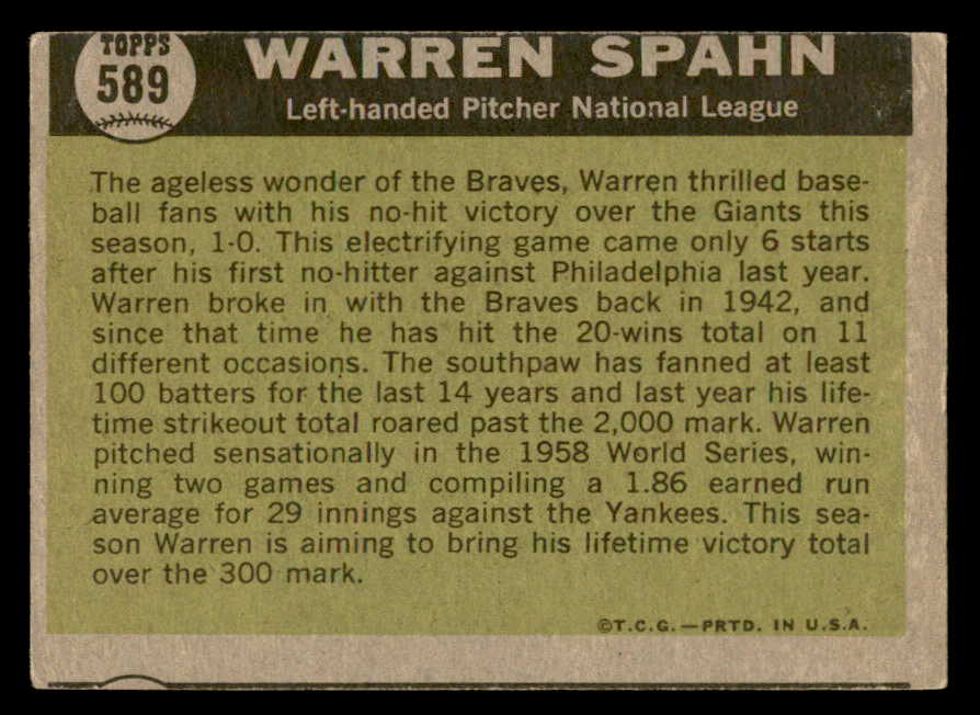 1961 Topps Baseball #589 Warren Spahn A.S. Braves VG-EX 540337