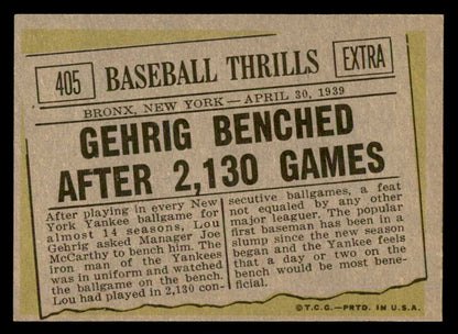 1961 Topps Baseball #405 Lou Gehrig Yankees EX-MT 540393